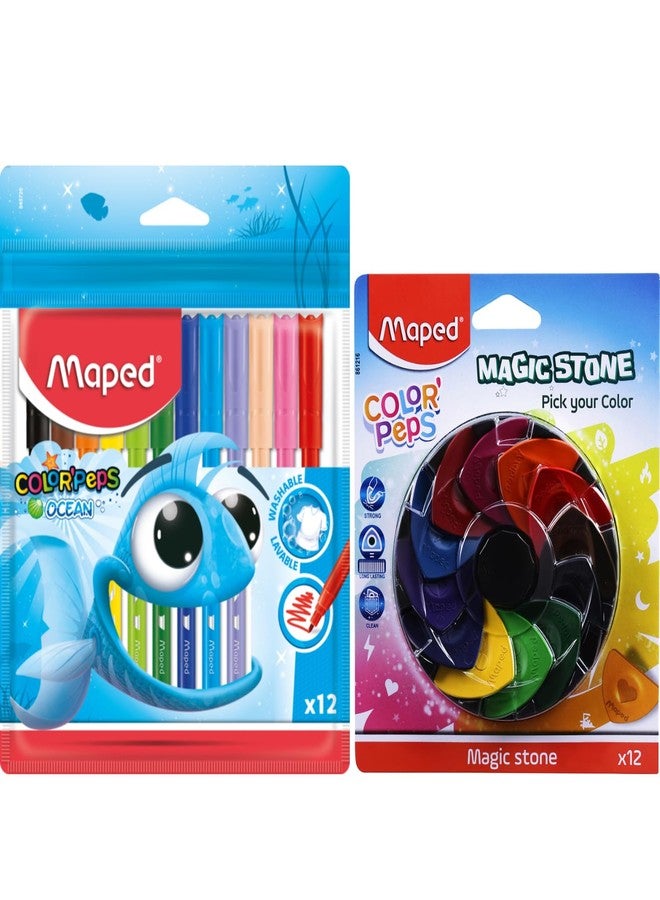 MAPED Magic Colour Combo-Set Of 2|Ocean Felt Tip Pen-12 Shades| Strong Magic Stone-12|Brigh Colour Sketch Pens| Washable Fine liners| Safe,Clean & Long Lasting | Ideal For Drawing,Colouring & Gifting - Image 1